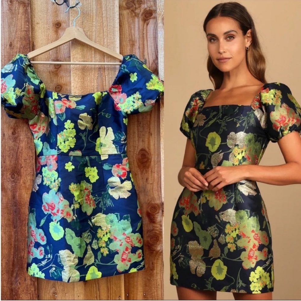 Navy Blue and Green Multi Floral Jacquard Puff Sleeve Mini Dress 🌿